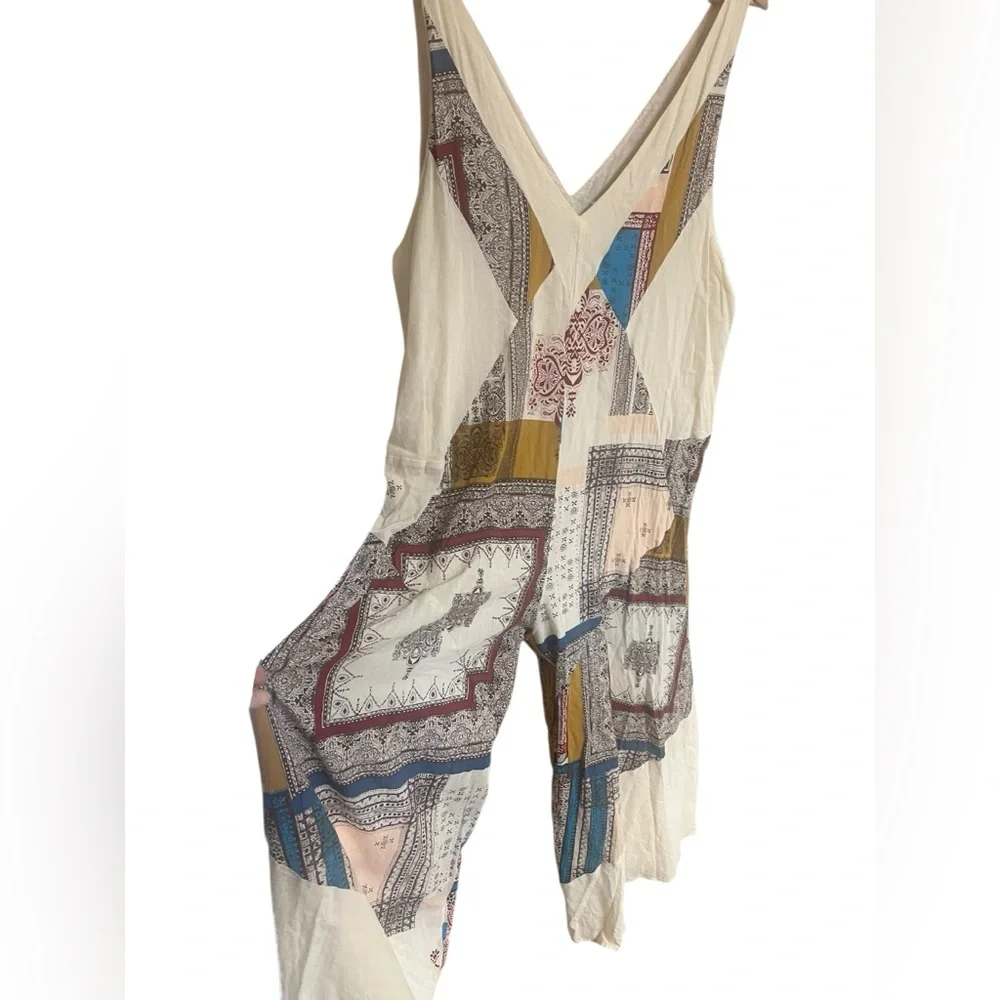 Free People Patchwork V-Neck Wide-Leg Jumpsuit in Cream, Blue, Mustard, Red - Picture 3 of 13